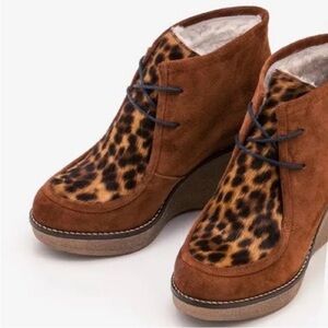 BODEN Women's Brundall Suede Calf Hair Leopard Sheepskin Wedge Booties Sz 39